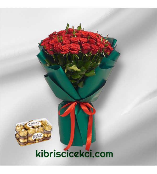 51 Kırmızı Gül Buketi 16'lı Ferrero Çikolata